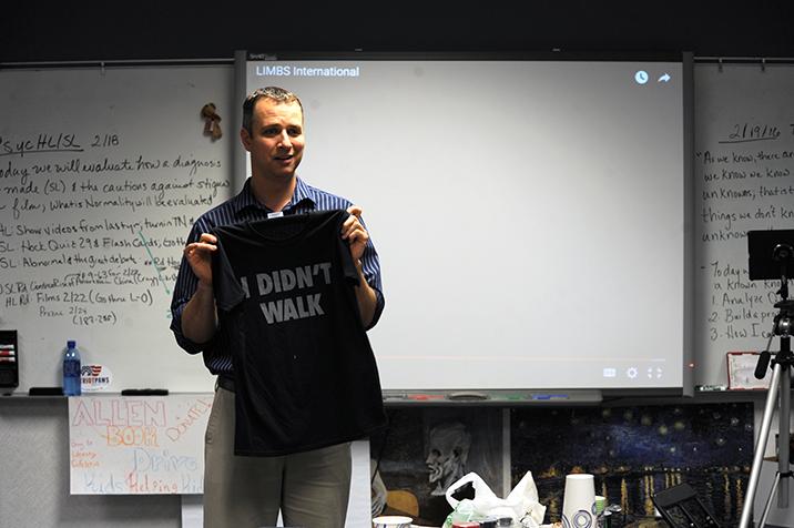 Speaker Trevor Bergman speaks to IB Psychology classes about the Love for Limbs fundraiser.