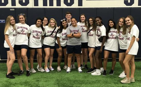 Mary Lynn Miller is a certified athletic trainer for Allen High School athletics. “The team behind the team does an awesome job, day in and day out, to keep our Eagles flying.” Miller said. The student athletic trainers and Coach Miller make sure our athletes are taken care of. 
Pictured from left to right: Megan Haller, Emilie Eix, Brizah Ambriz, Jenna Lowenberg, Grace Meil, Leena Afana, Chaz Watson, Mary Lynn Miller, ATC, LAT, Kristin Hill, Karina Lopez, Kendra Beacham, Aless Paz, Kally Debusk, Avery Wurzberger. 
Photo courtesy of Chay Nersesian. 
