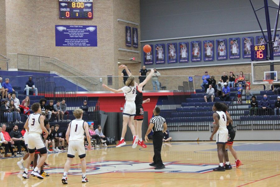 The Allen Eagle Boys Varsity Basketball team against the Lovejoy Leopards on Friday, Dec. 17. The team has been great at communicating this season, better than weve ever been, Zach Spitzer, #21, said. The game ended with a win for the Leopards, with an ending score of 71-52. The Eagles upcoming game is Mon. Jan. 21 at 7:30p.m..