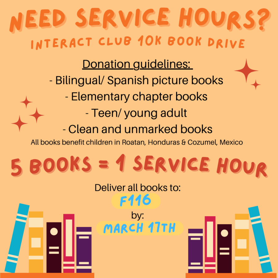 Digital flyer detailing Interact Clubs spring book drive.