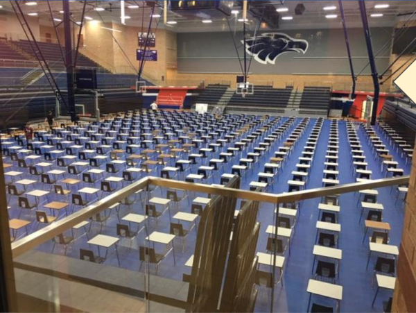 Chairs set up for AP exams in the Allen High School gym in May of 2024.