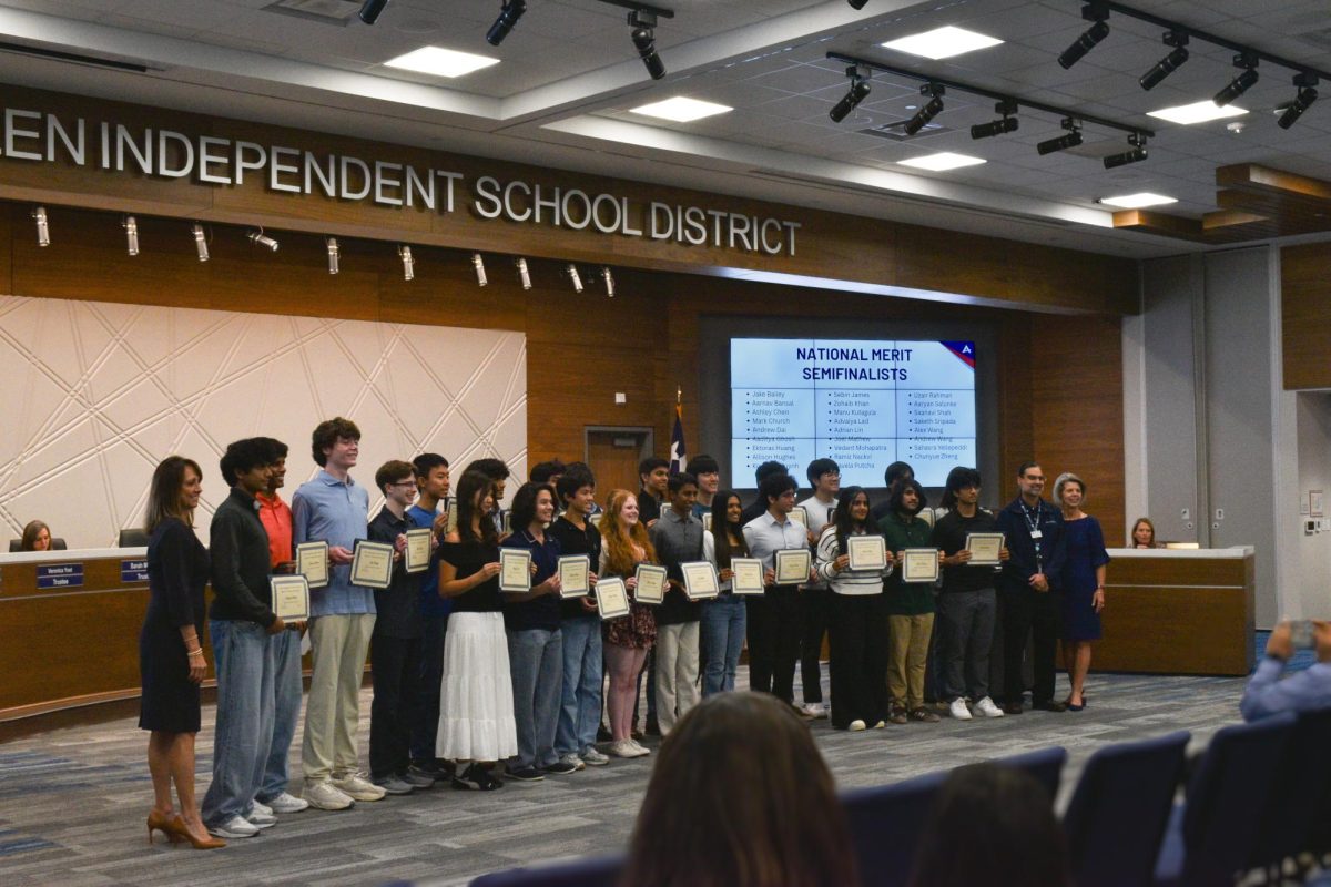 Twenty-six Allen High School National Merit Semifinalists are recognized at a Board of Trustees meeting, Monday, Oct. 27, 2025.