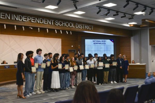 Twenty-six Allen High School National Merit Semifinalists are recognized at a Board of Trustees meeting, Monday, Oct. 27, 2025.